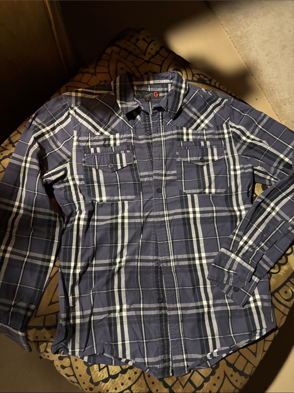 G by Guess Men's Navy and White Plaid Button-Down Shirt